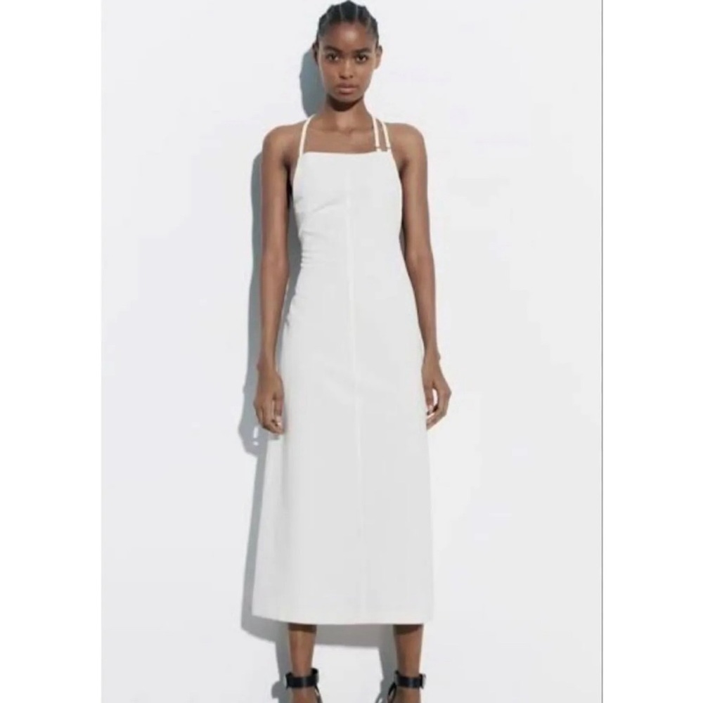 Zara White Cotton Square Neck Strappy Apron Midi Dress Womens Size S Bridal - Picture 2 of 4